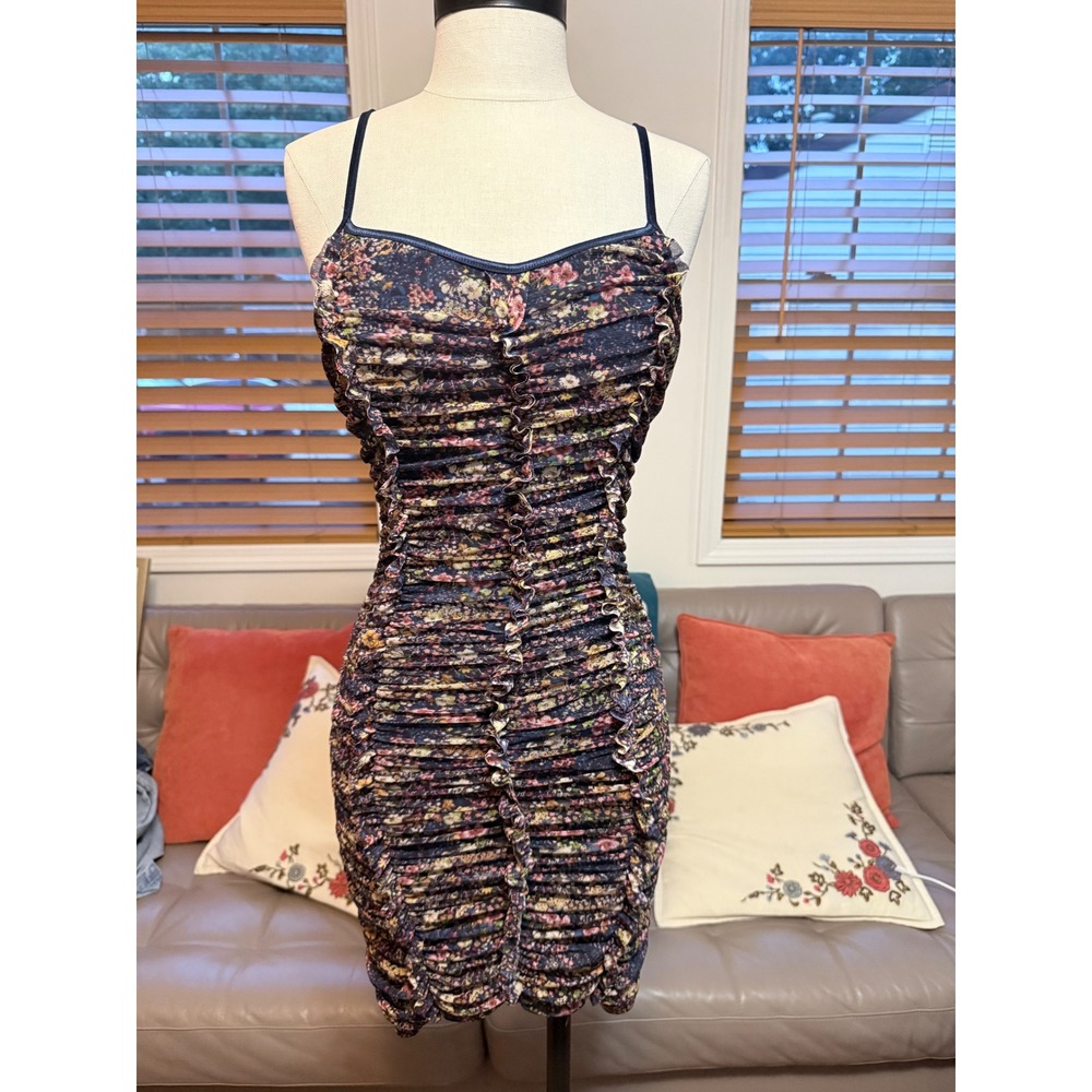 Dress Forum Los Angeles Floral Ruched Mesh Mini Dress Navy Blue Small
